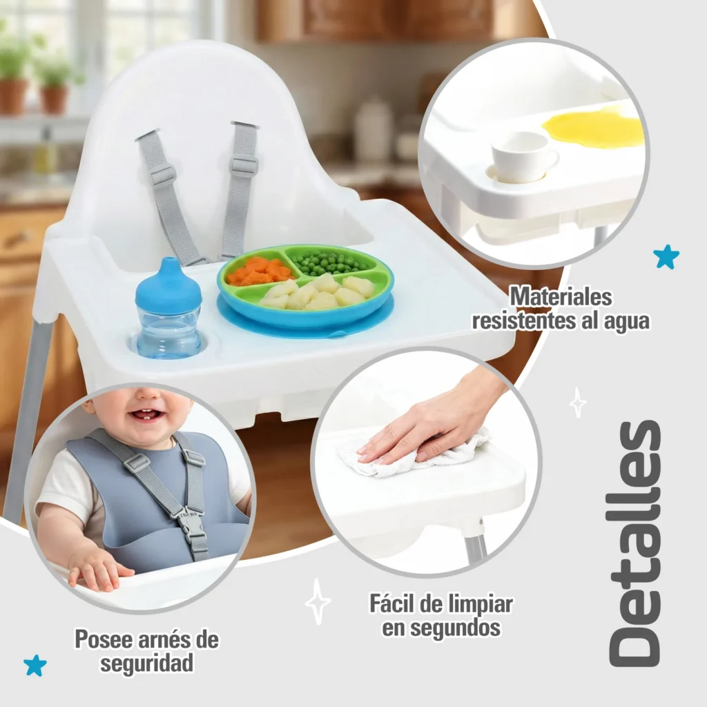 Detalle de la Trona Light y limpieza de su bandeja con un paño
